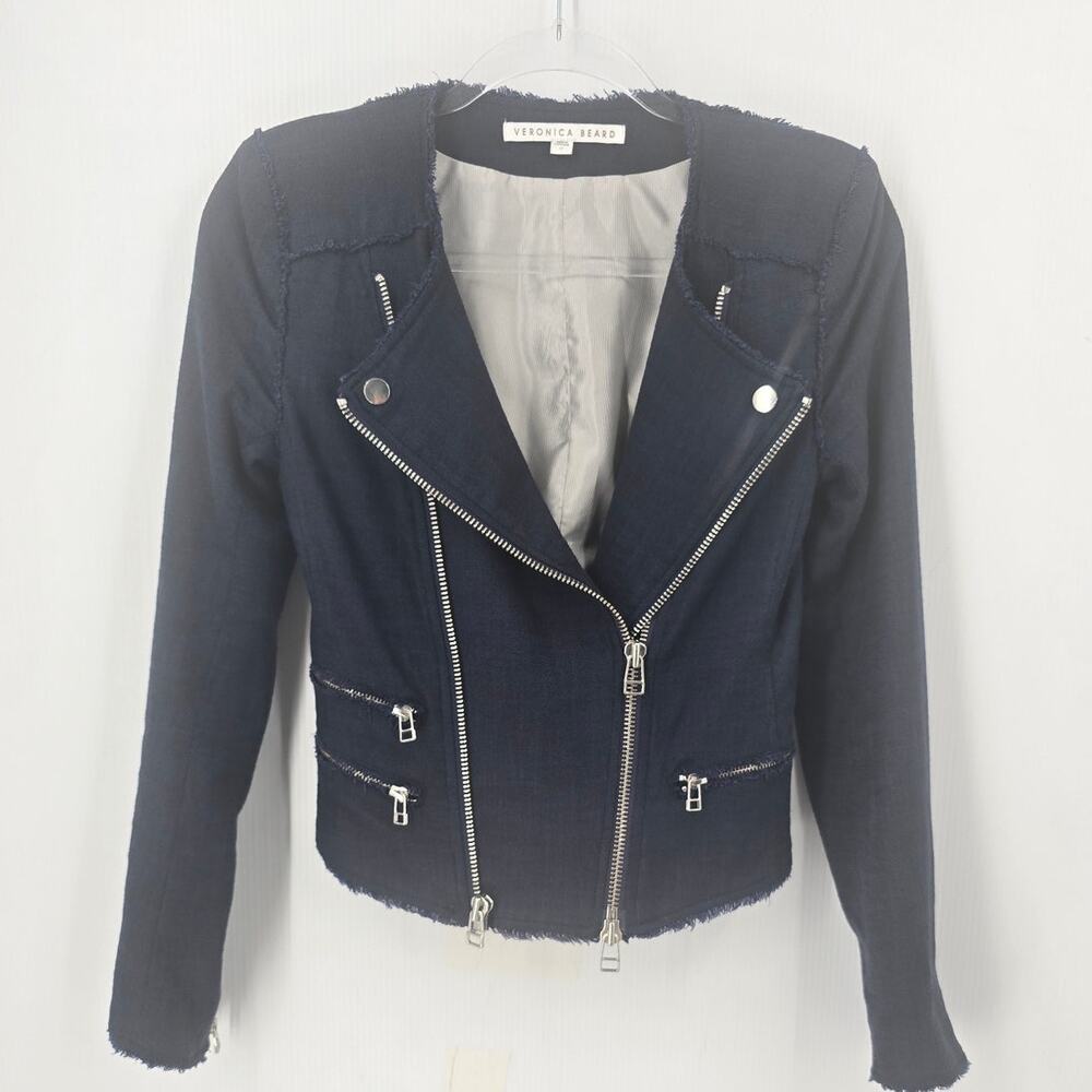 Veronica Beard Navy Blue Cotton Blend Moto Jacket Blazer Zipper Size 0